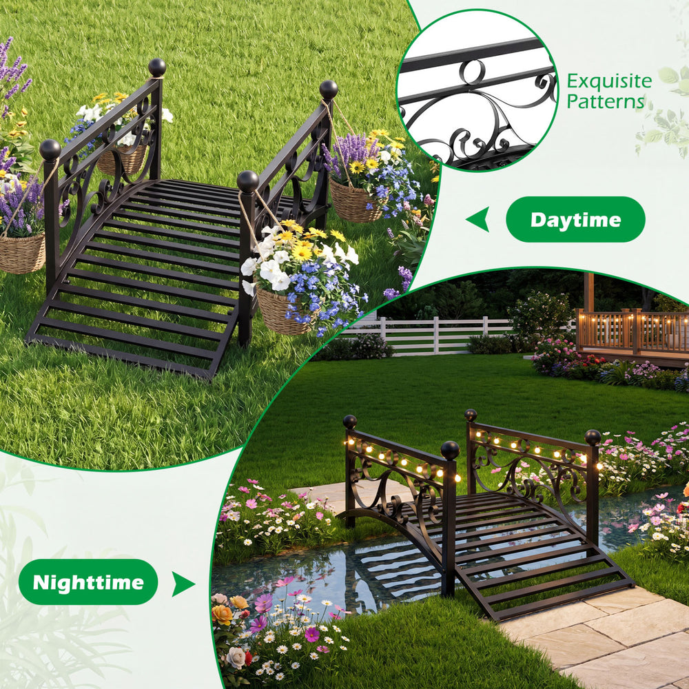 3.3 ft garden metal bridge with dual patterned side rails, featuring exquisite scrollwork for daytime and nighttime.