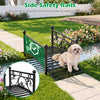 Garden metal bridge with dual patterned side rails, featuring a slatted walkway for traction and enhanced stability.