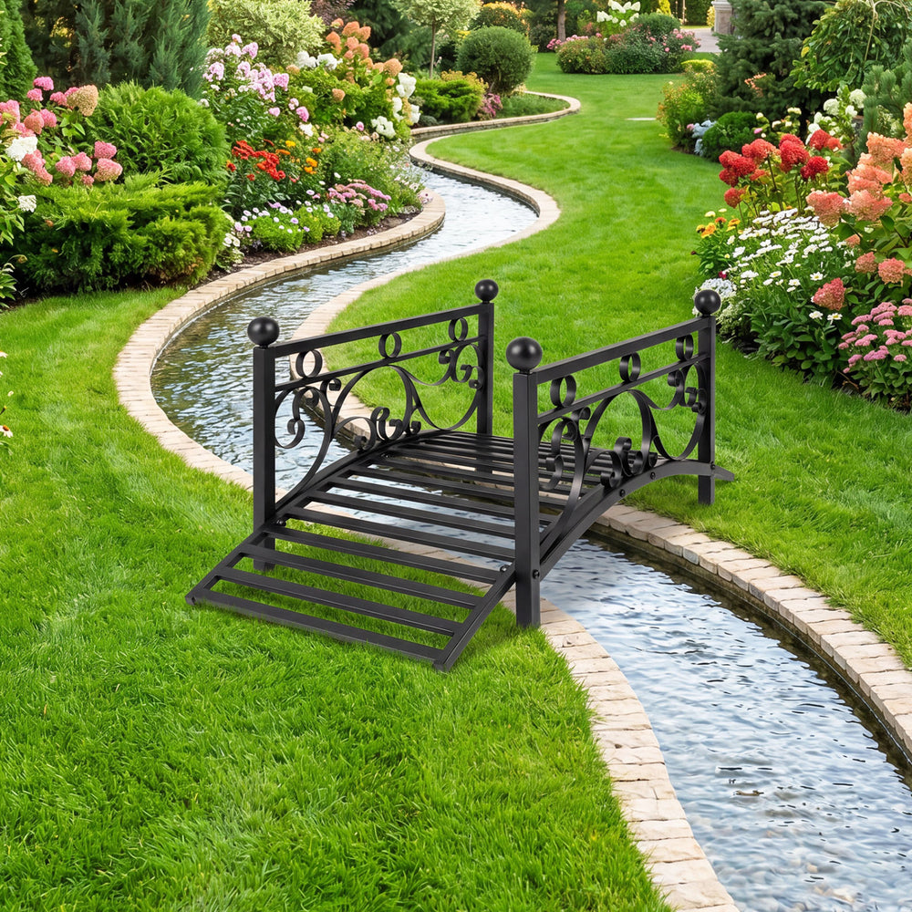 Garden metal bridge with dual patterned side rails, 3.3 ft long, featuring a slatted walkway for outdoor durability.