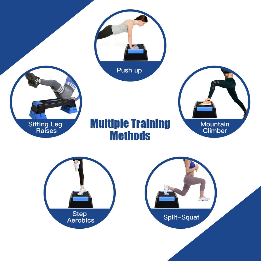 Aerobic stepper trainer in blue, adjustable height for various exercises like push-ups and mountain climbers, ensuring.