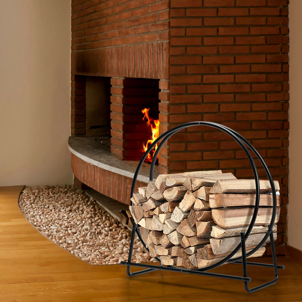 30-inch tubular steel log hoop firewood storage rack with black powder-coated finish, ideal for indoor and outdoor use.