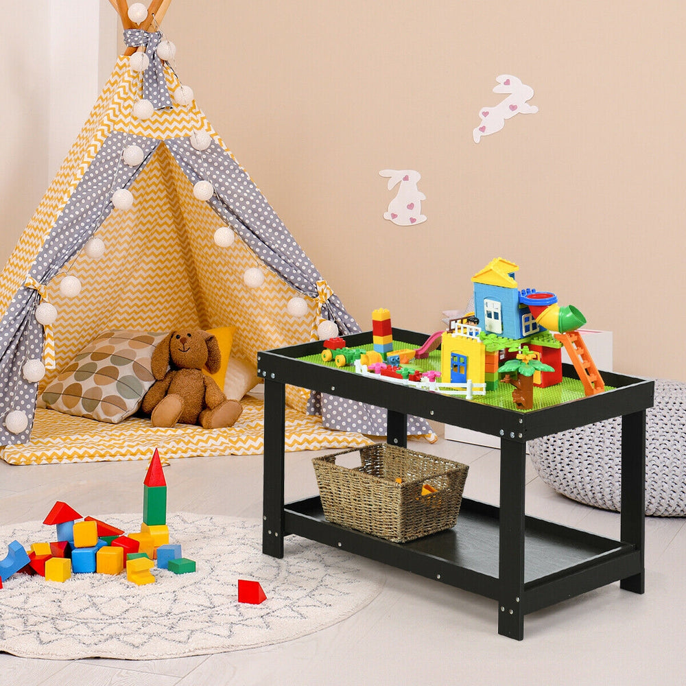 Multifunctional dark brown kids activity play table with storage, ideal for learning and building blocks in a playroom.