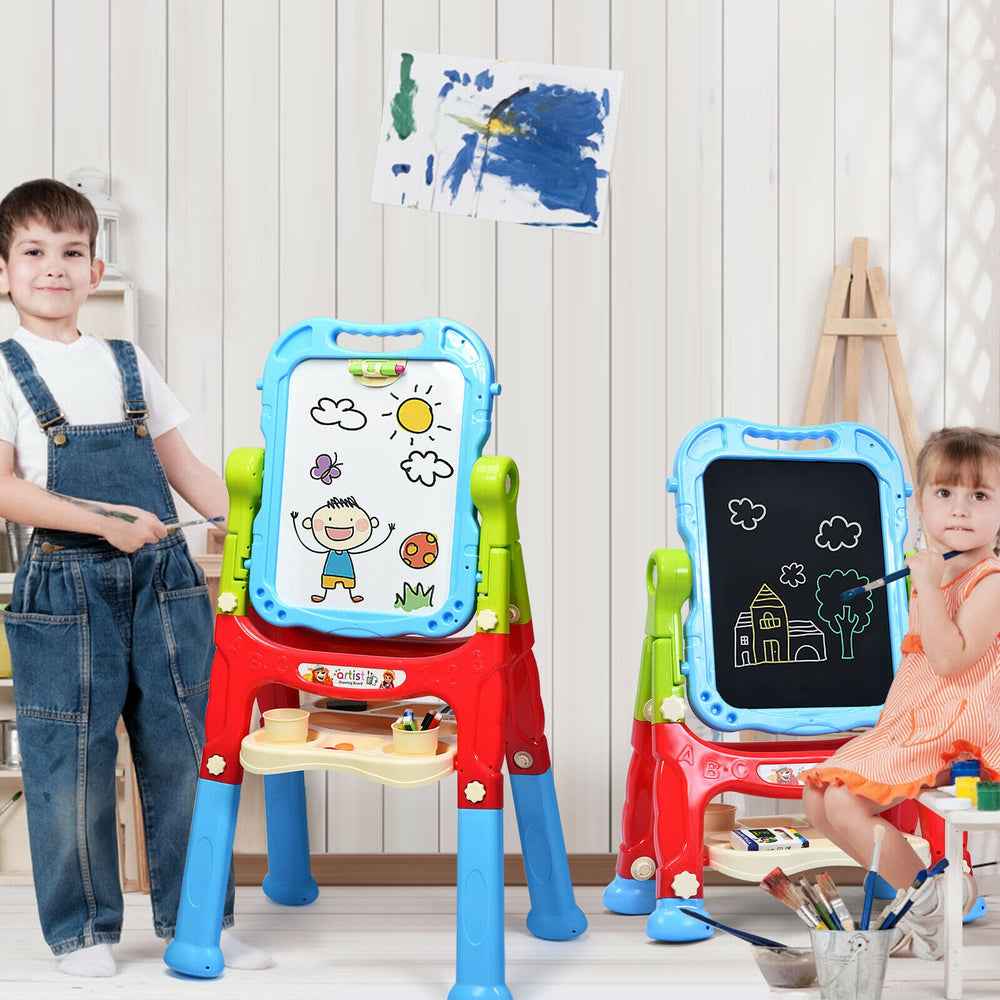 Height adjustable kids art easel with magnetic whiteboard and chalkboard, designed for creative fun and friendship.