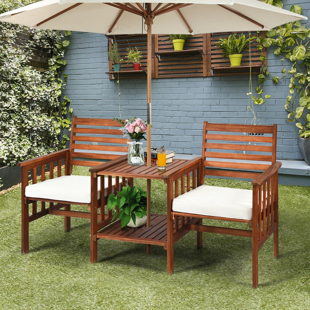 3 pcs Outdoor Patio Table Chairs Set Acacia Wood Loveseat-White - Gallery View 1 of 12