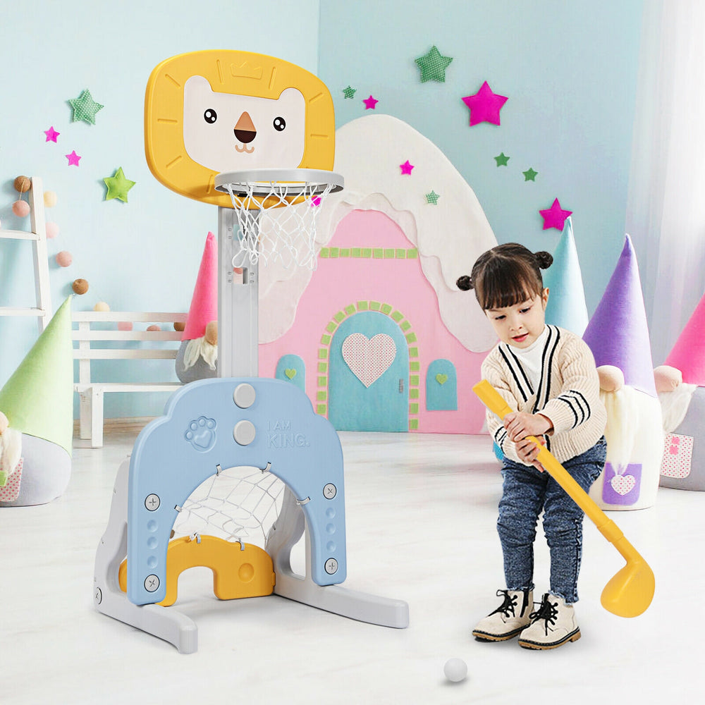 Adjustable kids basketball hoop sports set in yellow, featuring golf and soccer games, suitable for ages 2 to 7.