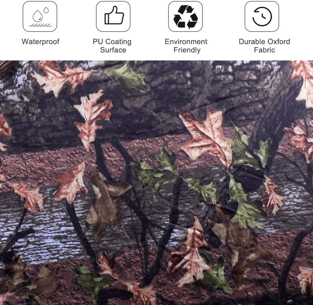 Close-up of the Portable Pop up Ground Camo Blind featuring durable Oxford fabric with camouflage leaf pattern.