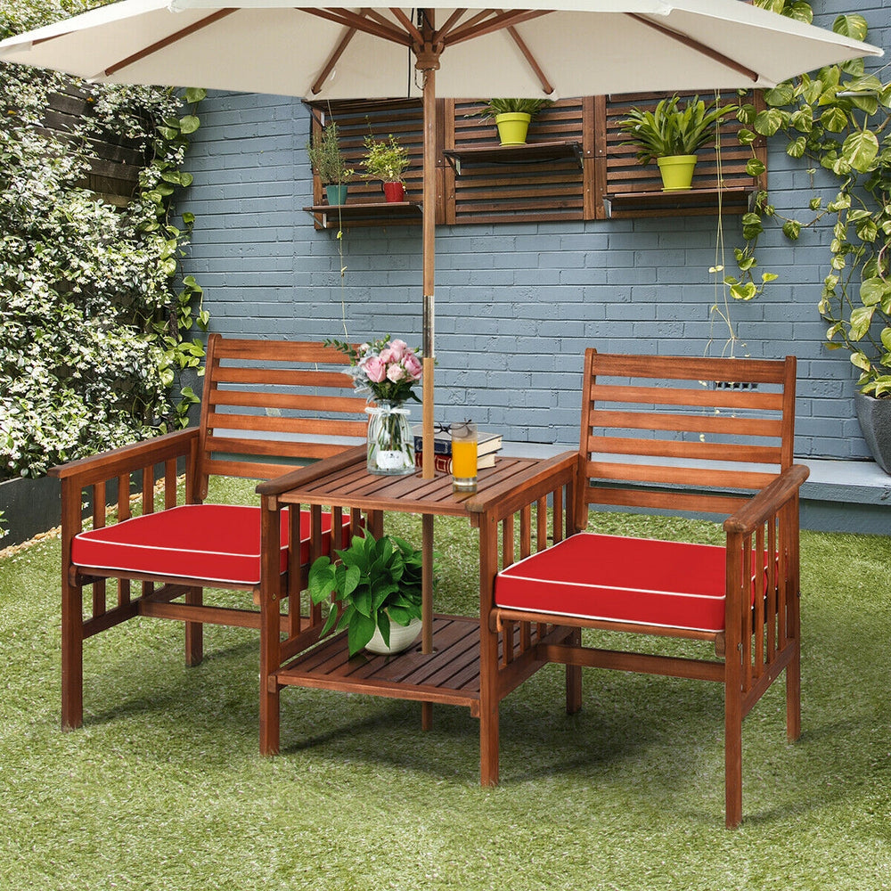 Outdoor patio table chairs set featuring acacia wood, red cushions, and a coffee table with umbrella hole for garden.