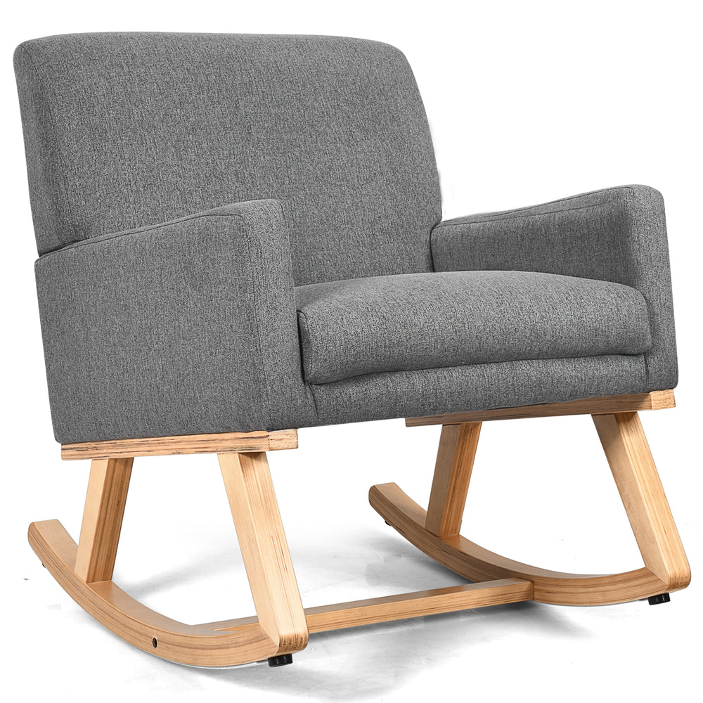 Gray upholstered rocking chair with solid wood base, ergonomic design, and cushioned seat for comfort and relaxation.