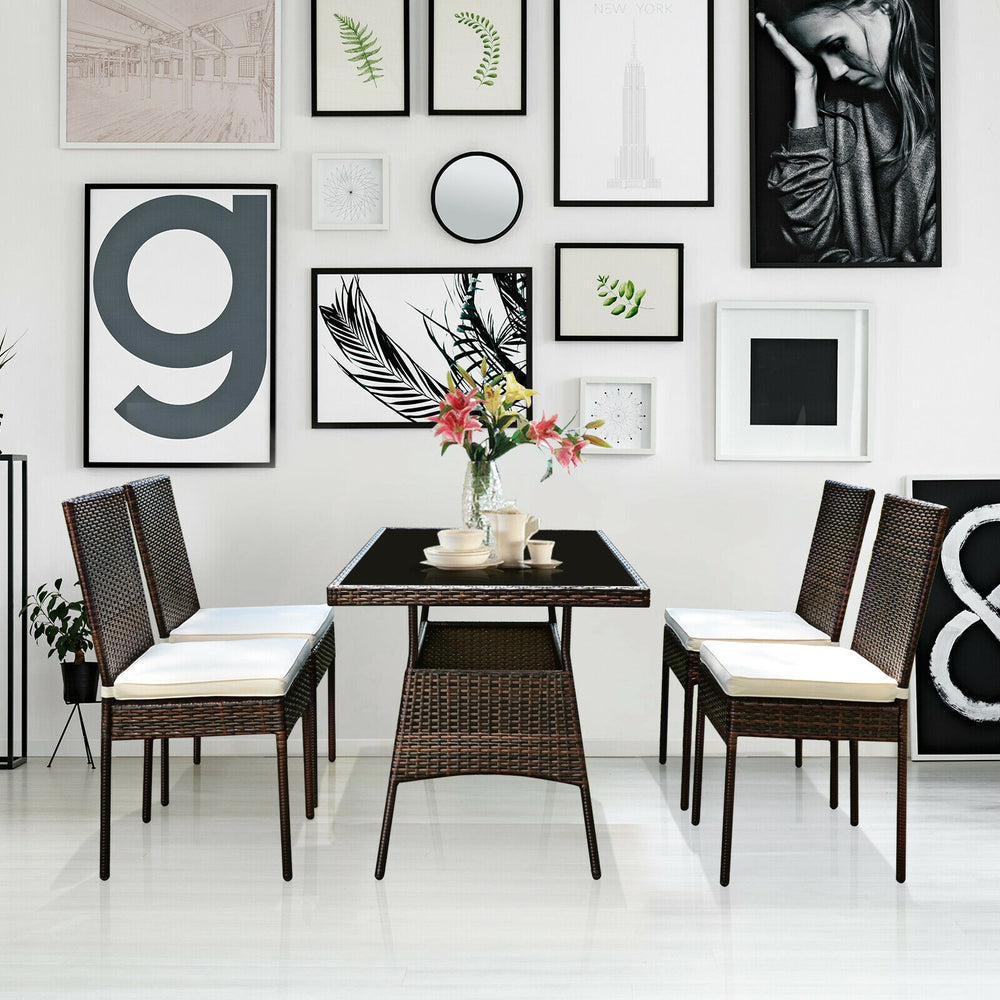 5 Pieces Rattan Dining Set Glass Table High Back Chair - Gallery View 1 of 10