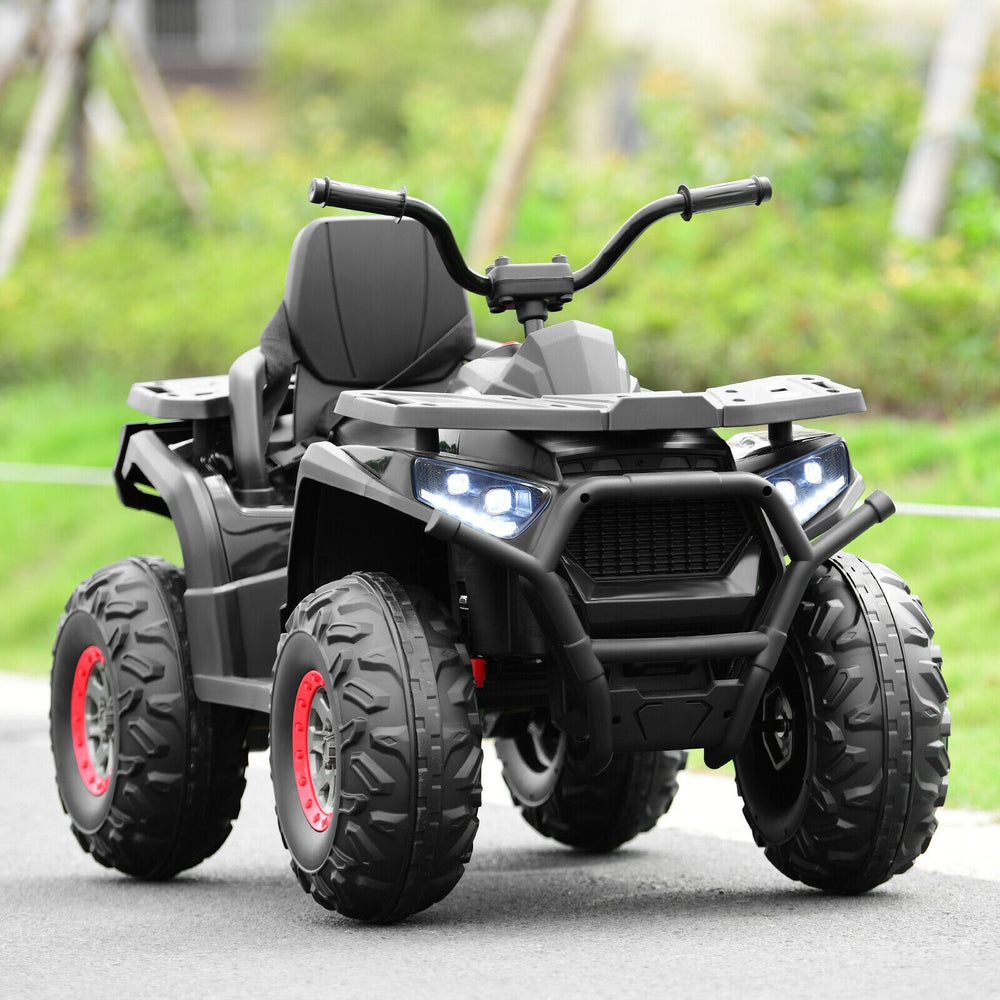 Black 12V kids electric ATV quad showcasing rugged tires and handlebars for secure and controlled driving adventures.