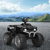 Black 12V kids ride-on ATV with LED lights, treaded tires, and simple controls for fun outdoor driving experiences.