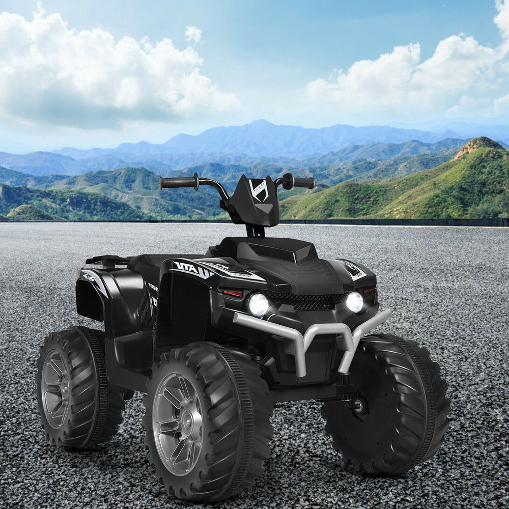 Black 12V kids ride-on ATV with LED lights, treaded tires, and simple controls for fun outdoor driving experiences.