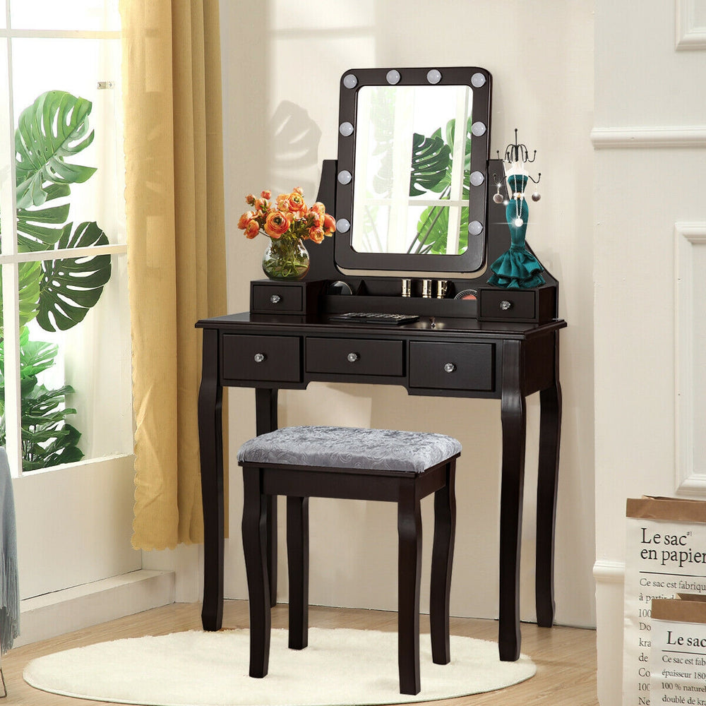Vanity Dressing Table Set with 10 Dimmable Bulbs and Cushioned Stool-Brown - Gallery View 1 of 12