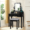 Vanity dressing table set in black with 10 dimmable bulbs, cushioned stool, and 5 storage drawers for cosmetics.