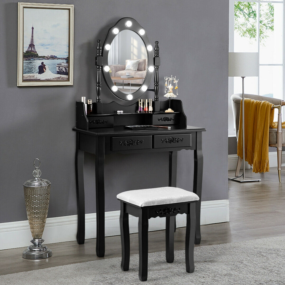 Makeup Vanity Dressing Table Set with Dimmable Bulbs Cushioned Stool-Black - Gallery View 1 of 12