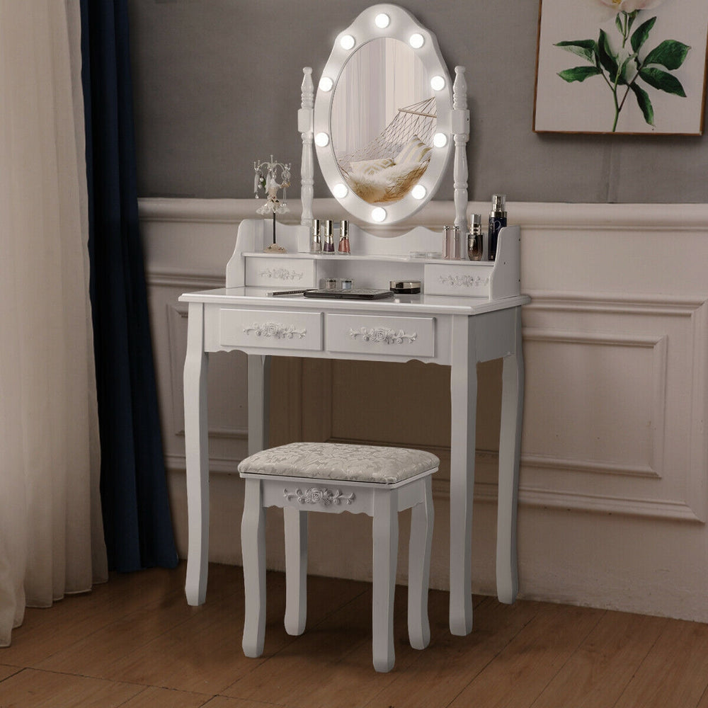 White makeup vanity dressing table set showcasing a detailed view of the four drawers and elegant design for stylish.