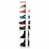 7-tier wooden shoe storage rack in white, showcasing various shoe styles, ideal for organizing footwear in any space.