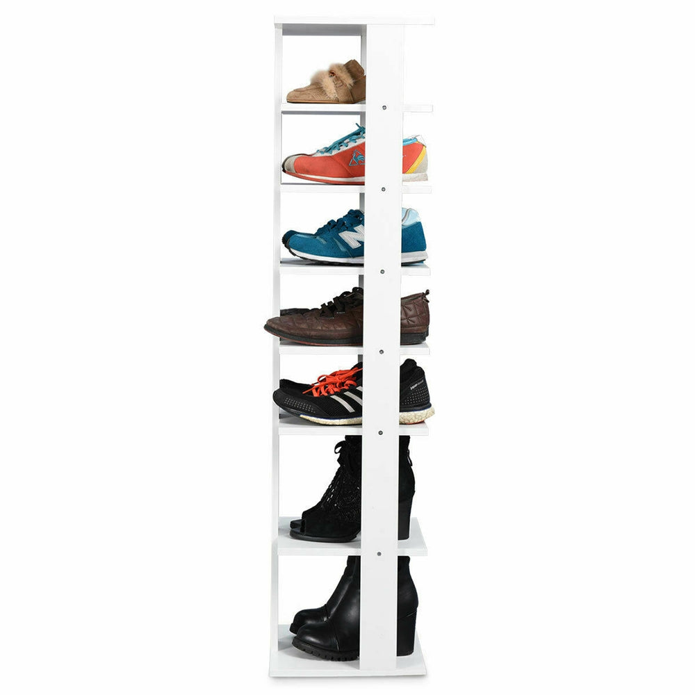 7-tier wooden shoe storage rack in white, showcasing various shoe styles, ideal for organizing footwear in any space.