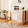 Modern white computer desk with large drawer and cabinet, ideal for study or work in a stylish home office setup.
