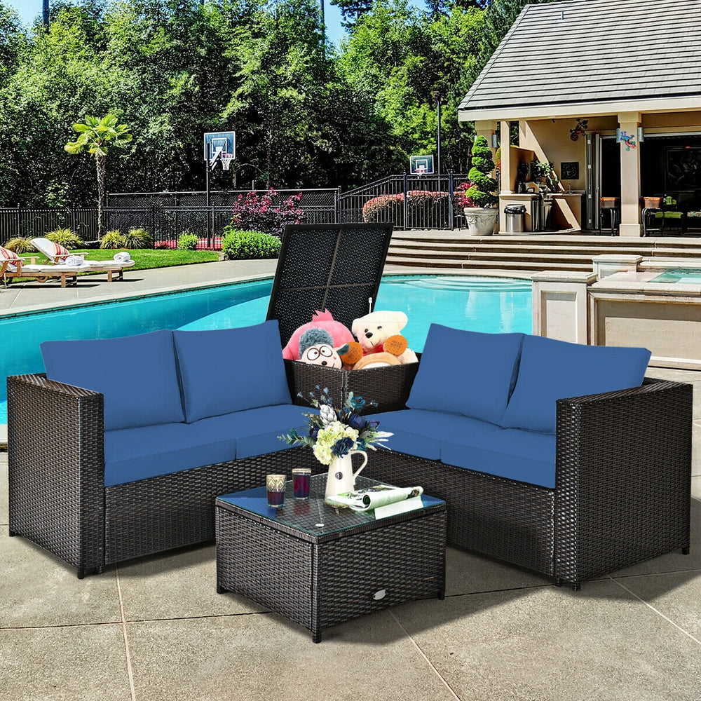 4 Pieces Outdoor Patio Rattan Furniture Set with Cushioned Loveseat and Storage Box-Navy - Gallery View 1 of 13