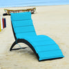 Turquoise folding patio rattan lounge chair with cushion, featuring a curved design for comfort, ideal for outdoor.