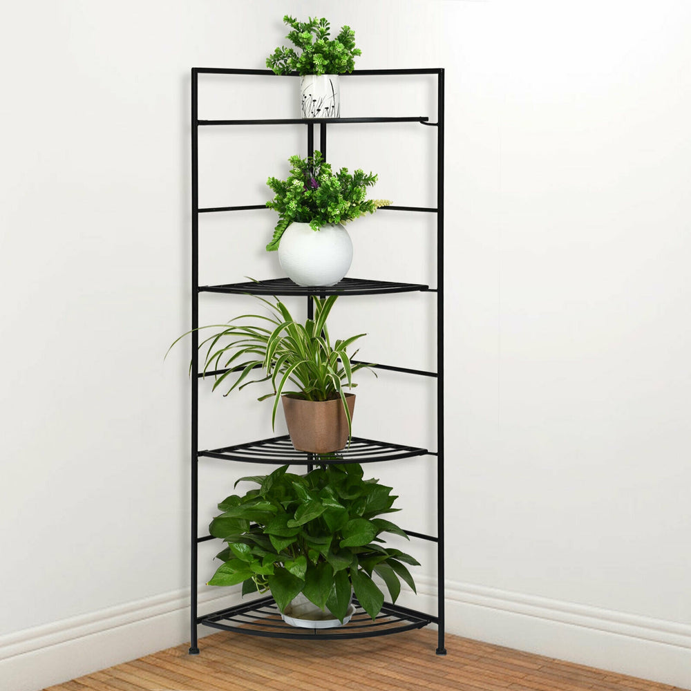 4-tier folding metal shelf plant stand with heavy-duty steel frame, ideal for corner display in gardens or homes.