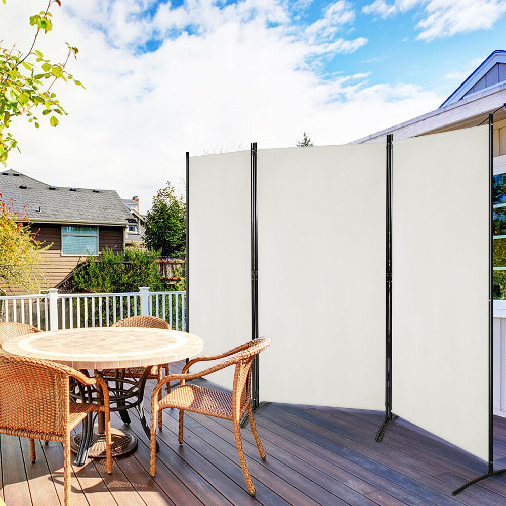 3-panel folding privacy partition screen in white, made of polyester fabric and steel, ideal for home or office use.