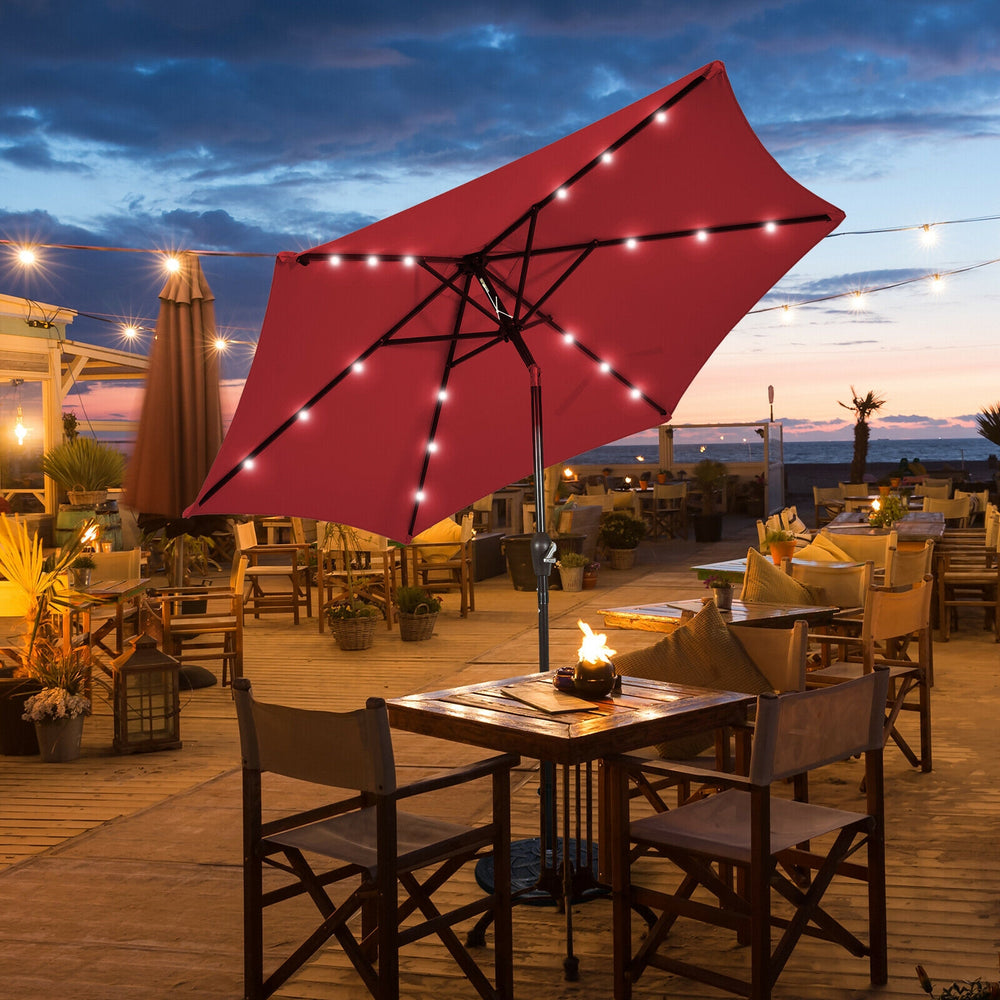9 Feet Solar LED Lighted Patio Market Umbrella Tilt Adjustment Crank Lift-Dark Red - Gallery View 1 of 12
