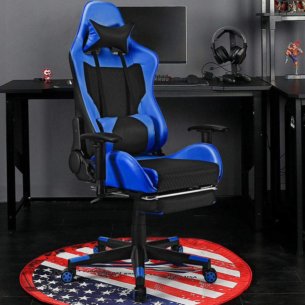 PU Leather Gaming Chair with USB Massage Lumbar Pillow and Footrest -Blue - Gallery View 1 of 12