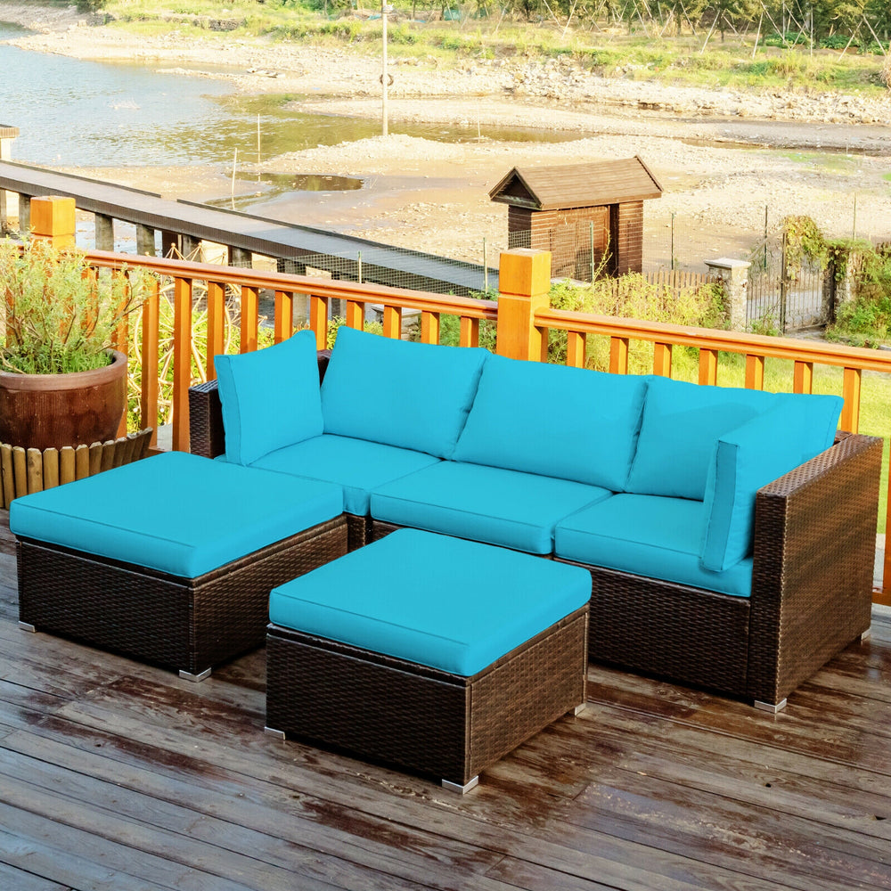 5 Pieces Patio Rattan Sectional Conversation Ottoman Furniture Set-Blue - Gallery View 1 of 12