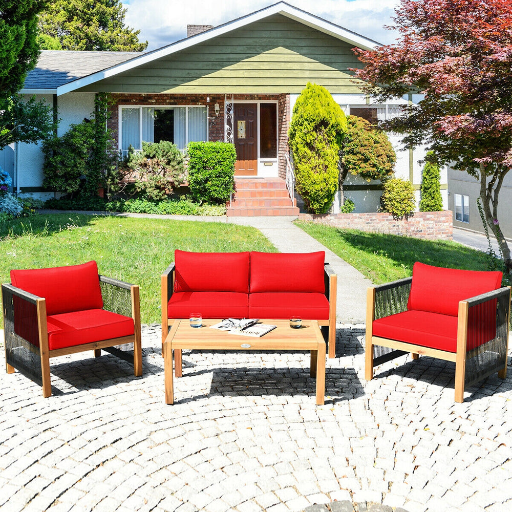 4-piece acacia wood outdoor patio furniture set with red cushions, ideal for relaxing in your garden or patio.