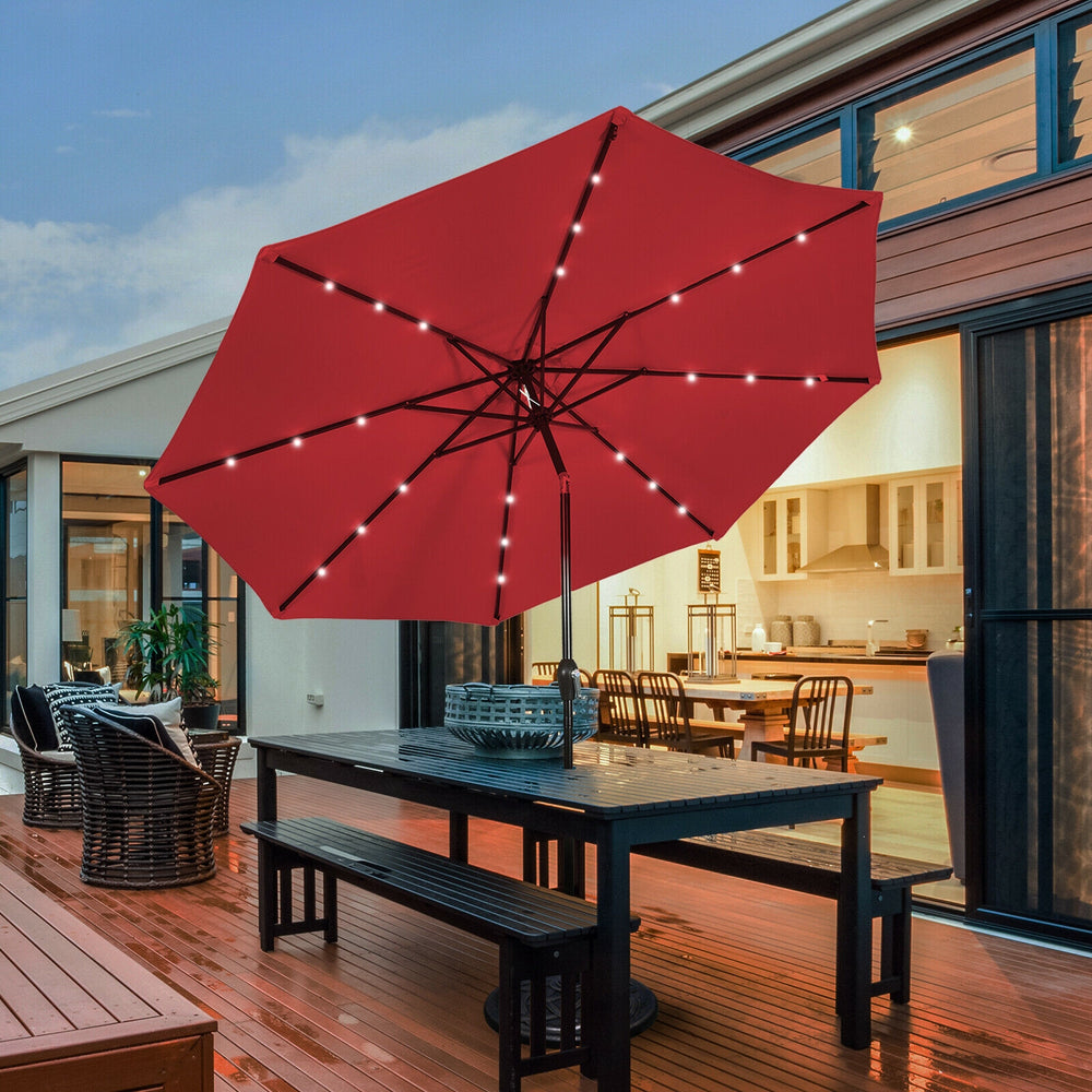 10' Solar LED Lighted Patio Market Umbrella Shade Tilt Adjustment Crank-Dark Red - Gallery View 1 of 11