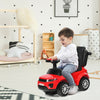 Red 3-in-1 ride-on push car for toddlers with removable handle, music, and storage, perfect for kids aged 12-36 months.