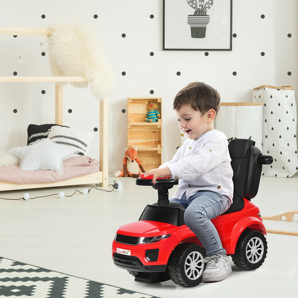 Red 3-in-1 ride-on push car for toddlers with removable handle, music, and storage, perfect for kids aged 12-36 months.