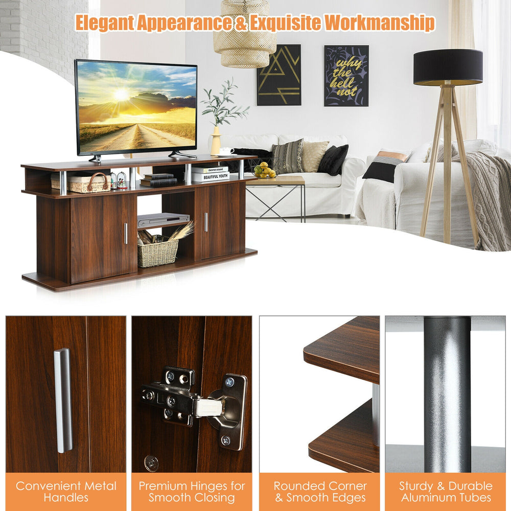 Walnut 63-inch TV entertainment console with 2 cabinets, open shelves, and sturdy aluminum tubes for versatile storage.