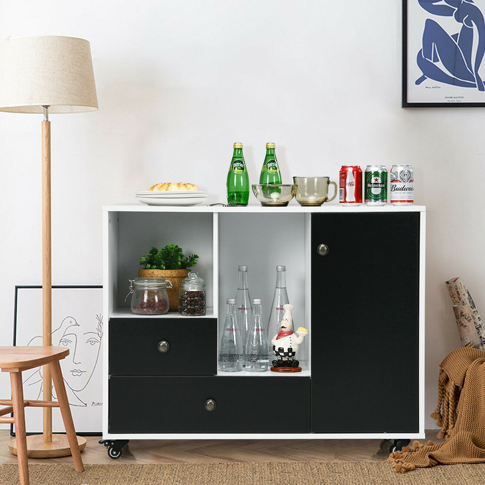 Lateral mobile filing cabinet in black with 2 drawers and open shelves, ideal for office or kitchen storage solutions.