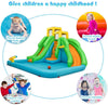 Inflatable water park bounce house with climbing wall, double slides, and splash pool for outdoor summer fun.