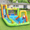 Inflatable water slide park with climbing wall, trampoline, and basketball game for outdoor fun and safety.