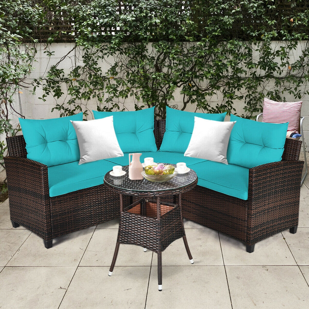 4 Pieces Outdoor Cushioned Rattan Furniture Set-Turquoise - Gallery View 1 of 12