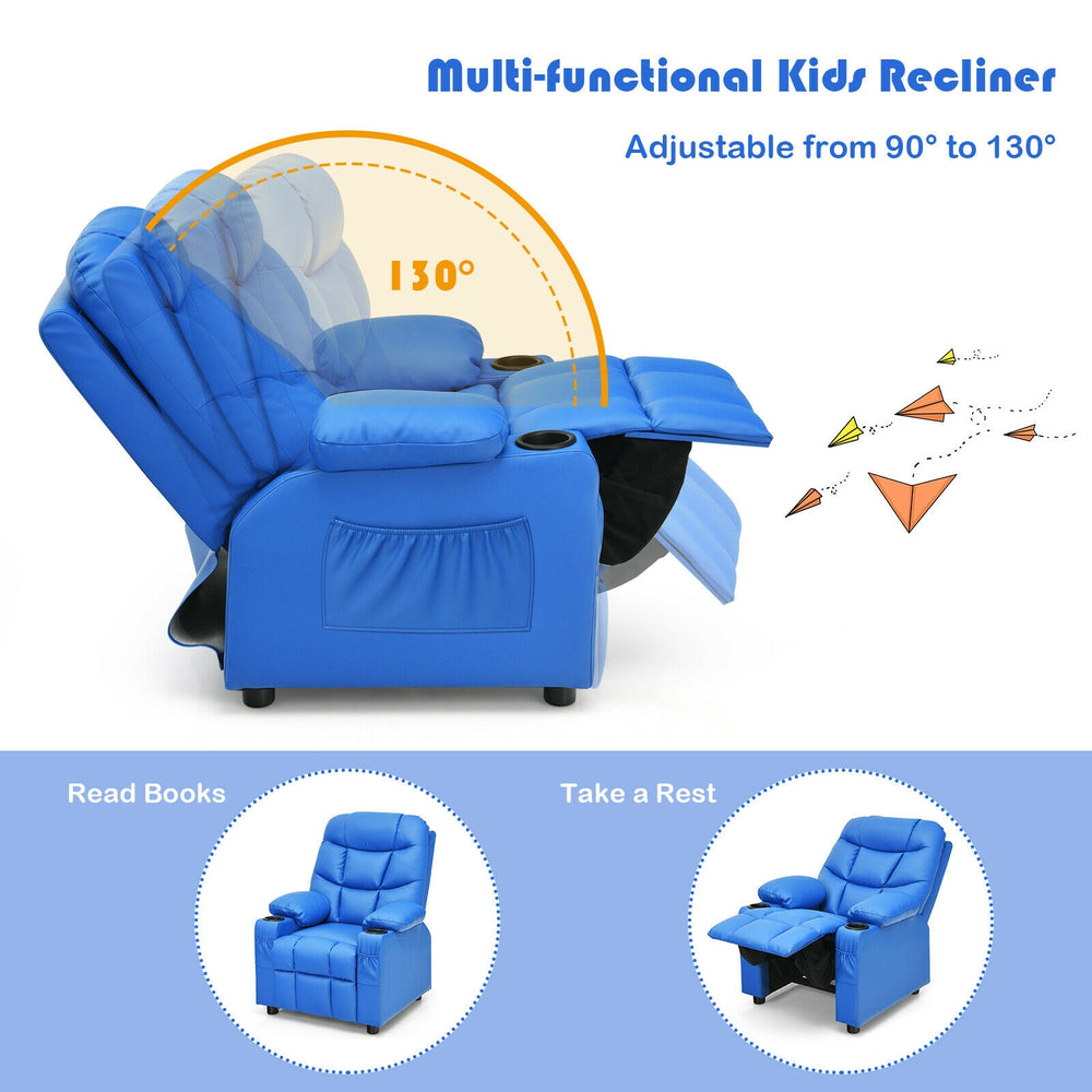 Kids recliner chair in blue with cup holder and footrest, adjustable from 90° to 130°, ideal for comfortable sitting.
