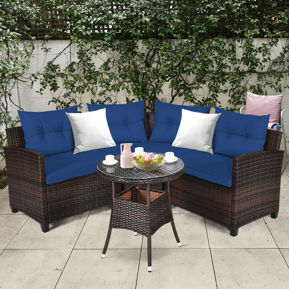 4 Pieces Outdoor Cushioned Rattan Furniture Set-Navy - Gallery View 1 of 12