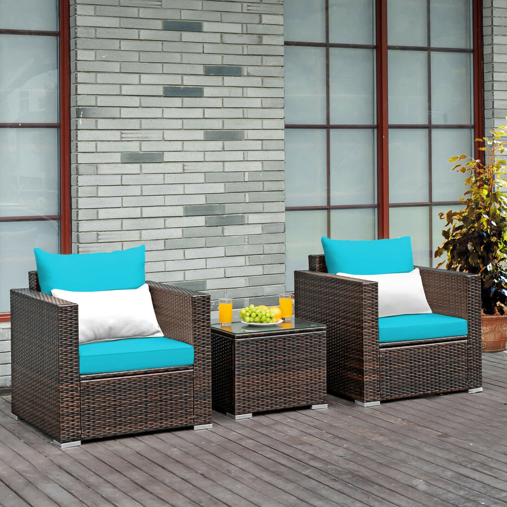 3 Pcs Patio Conversation Rattan Furniture Set with Cushion-Turquoise - Gallery View 1 of 12