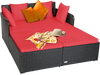 Spacious outdoor rattan daybed in red, highlighting plush cushions and a stylish design for ultimate outdoor lounging.