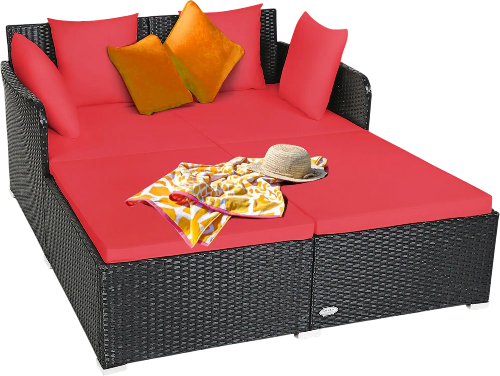 Spacious outdoor rattan daybed in red, highlighting plush cushions and a stylish design for ultimate outdoor lounging.