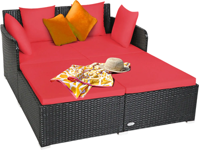 Costway Outdoor Rattan Daybed Sofa Cushions Pillows Red 83724019 New