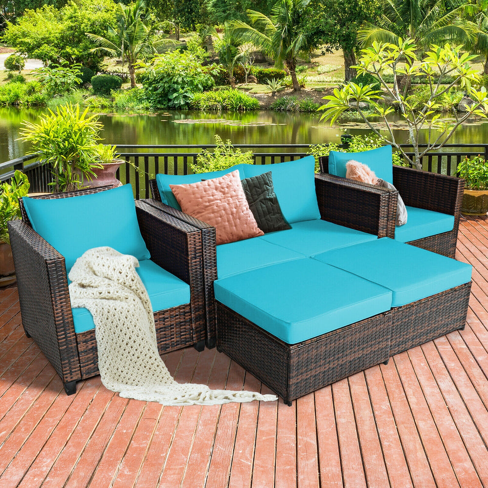 5 Pieces Patio Cushioned Rattan Furniture Set-Turquoise - Gallery View 1 of 12