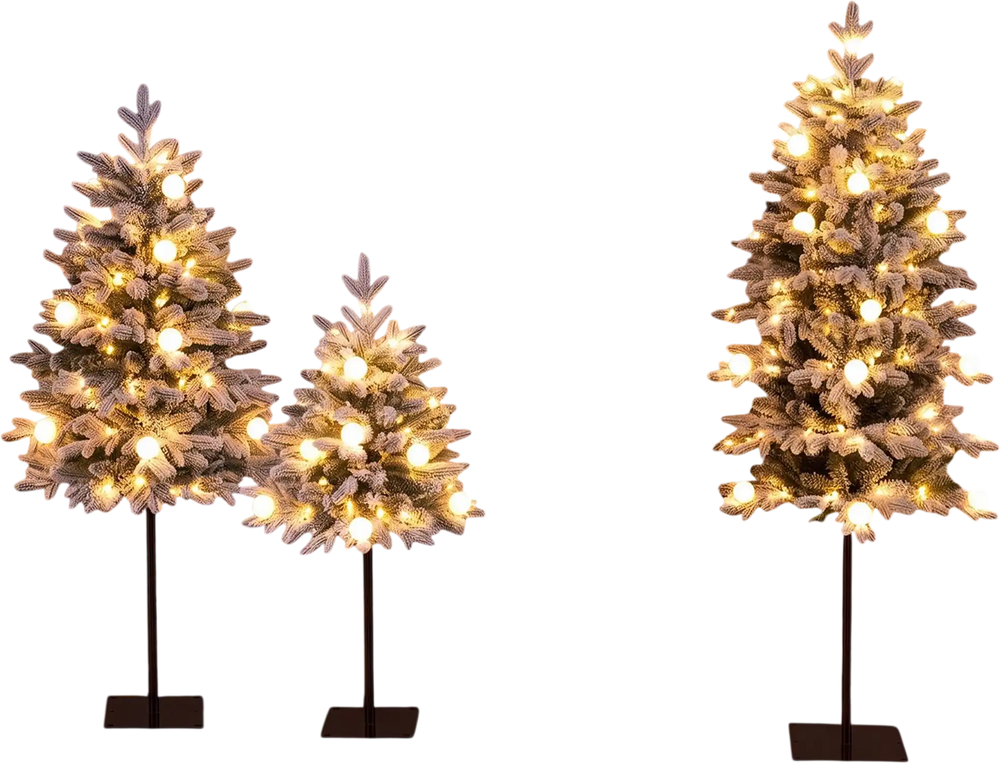 Snow-flocked pre-lit Christmas trees in 3', 4', and 5' heights create a cozy holiday atmosphere with warm white LED lights.
