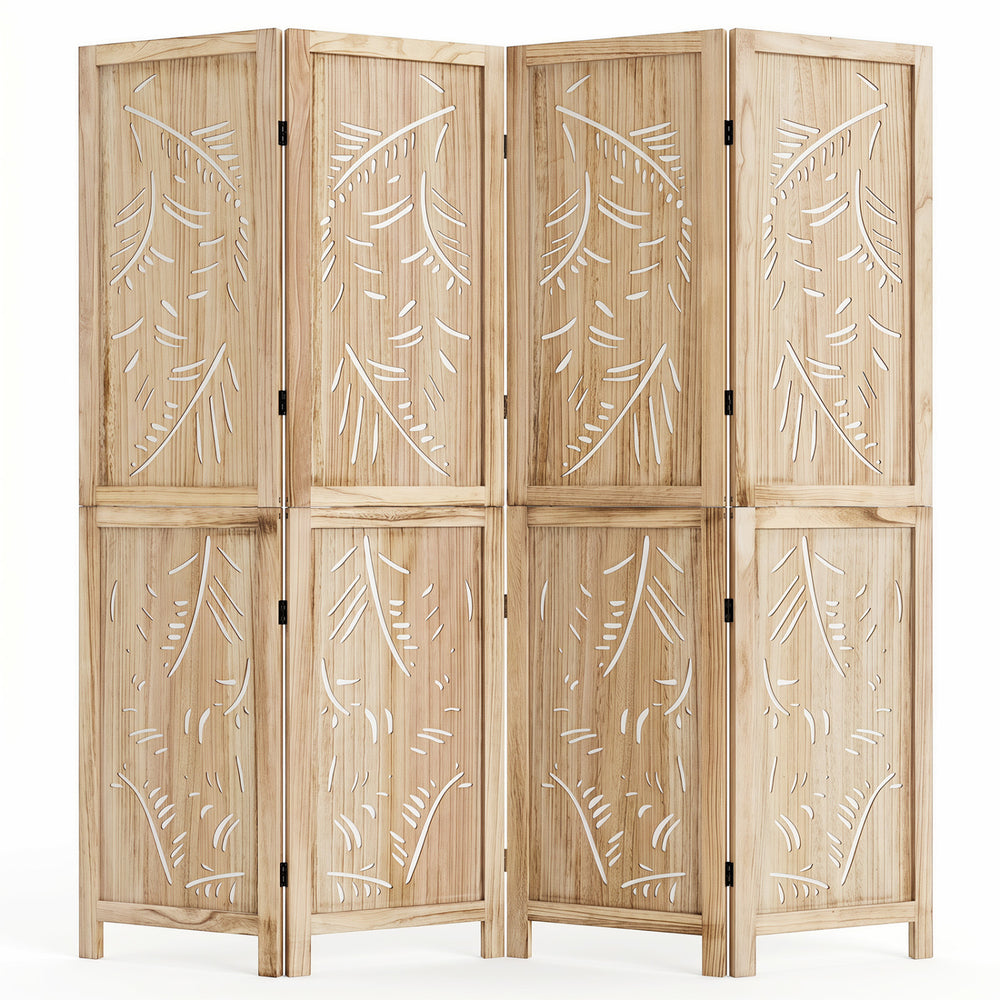 4-panel wooden room divider with palm leaf design, made of lightweight paulownia wood, perfect for creating privacy.
