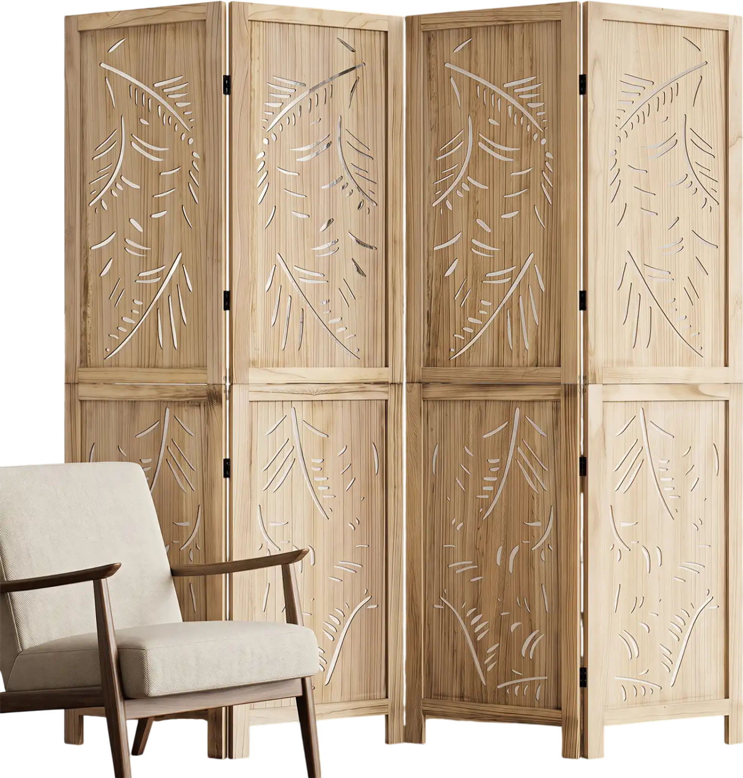 Costway 4-Panel Wooden Room Divider Palm Leaf Design Paulownia Frame 17926357 New