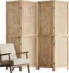 Four-panel wooden room divider featuring palm leaf design, crafted from lightweight paulownia wood for versatile privacy solutions.